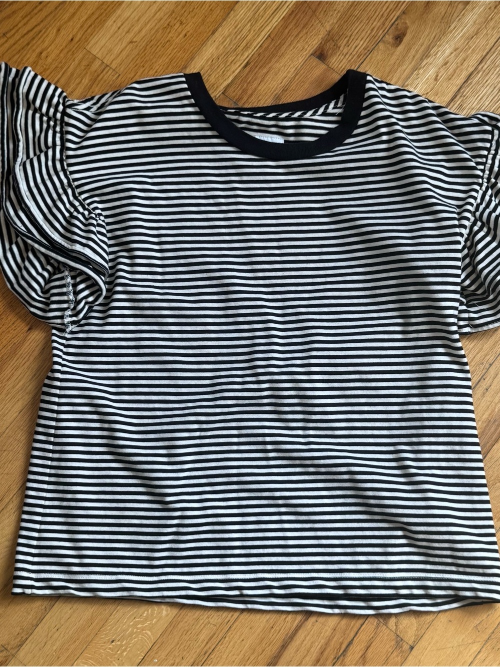 Current/Elliott Black & White Striped Ruffle Sleeve Tee